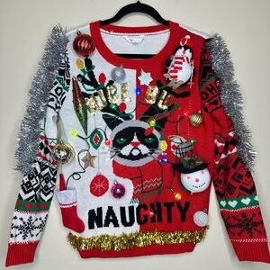 Ugly Christmas Sweater Kitty Cat LIGHTS UP Tinsel Xmas Party Winner Size Medium